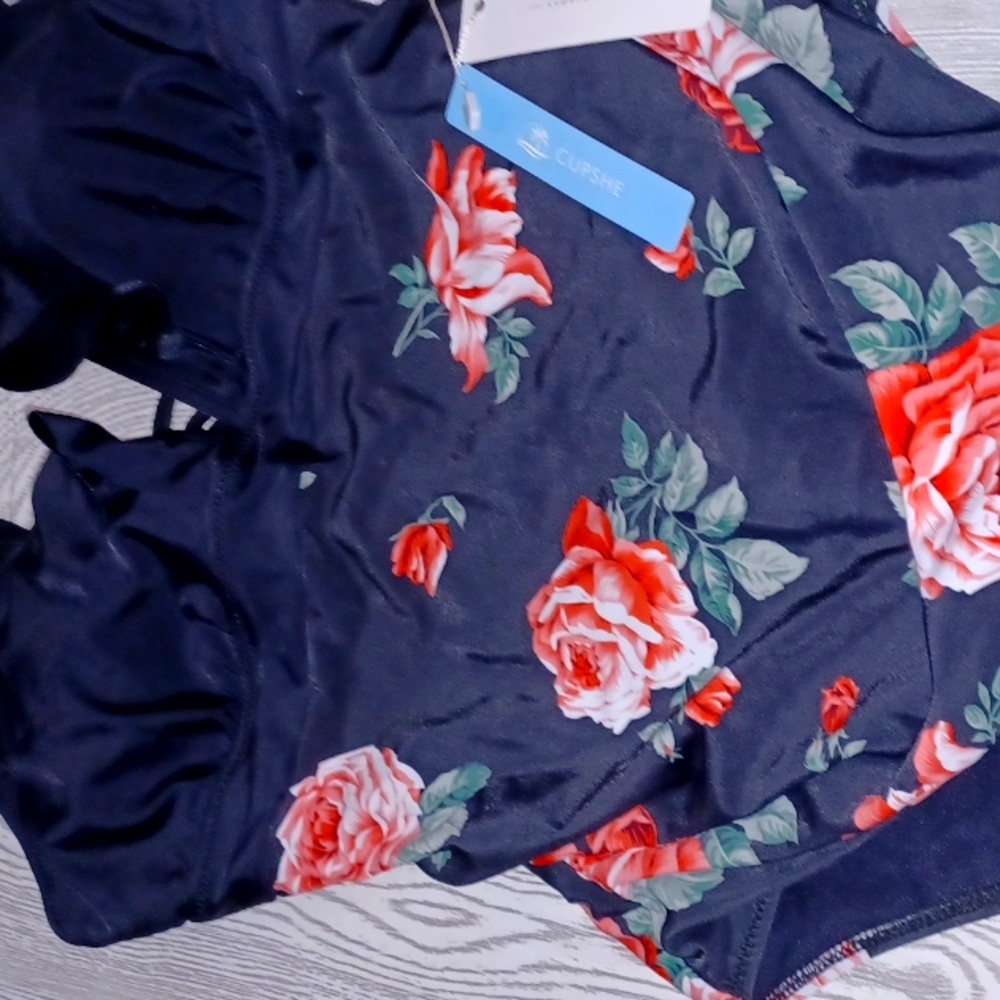 Floral Swimsuit with Red and Green Accents